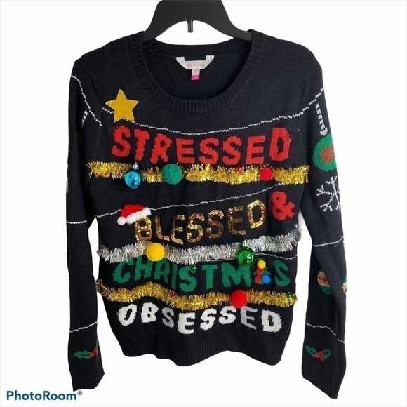 Ugly Christmas Sweater Women’s Blessed Stressed NWT Garland Black Large - Picture 1 of 7